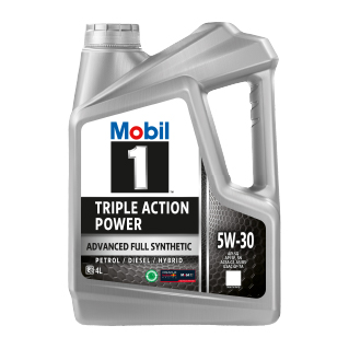 Mobil 1™ Triple Action Power 5W-30 4L บนพื้นหลังขาวไม่มีเส้นขอบดำ