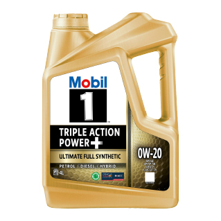 Mobil 1™ Triple Action Power+ 0W-20 4L บนพื้นหลังขาวไม่มีเส้นขอบดำ