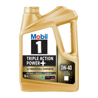 Mobil 1™ Triple Action Power+ 0W-40 4L บนพื้นหลังขาวไม่มีเส้นขอบดำ