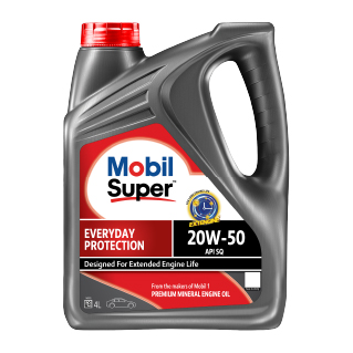 Mobil Super™ Everyday Protection 20W-50 4L บนพื้นหลังสีขาวไม่มีเส้นขอบดำ
